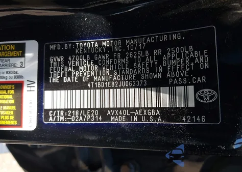2018 Toyota Avalon Hybrid/Plus/Xle Prem/Ltd from USA, damaged, VIN 4T1BD1EB2JU062373